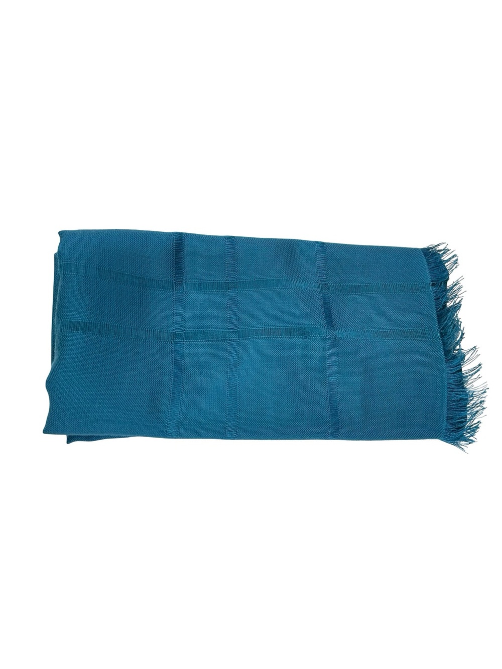 Vtg 1970s Specialty House Teal Blue Plaid Acrylic Fringed Scarf Wrap Shawl 46x52